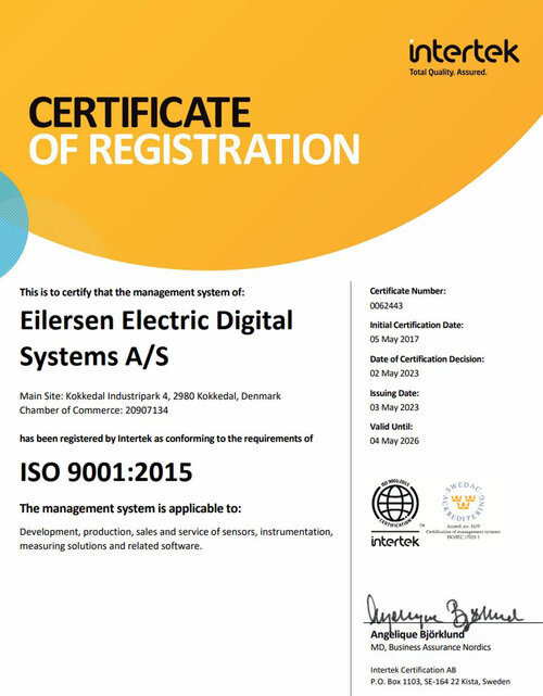 Eilersen Electric A/S ISO 9001:2015 certificate